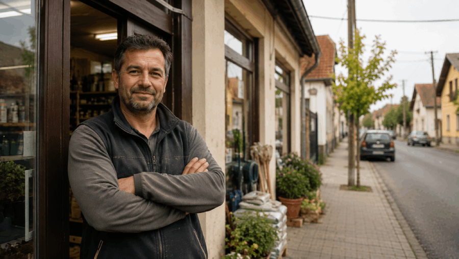 Helyi vállalkozó egy települési üzlet előtt